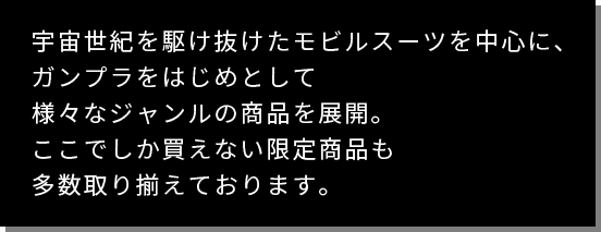 宇宙世紀を駆け抜けたモビルスーツを中心に、ガンプラをはじめとして様々なジャンルの商品を展開。ここでしか買えない限定商品も多数取り揃えております。